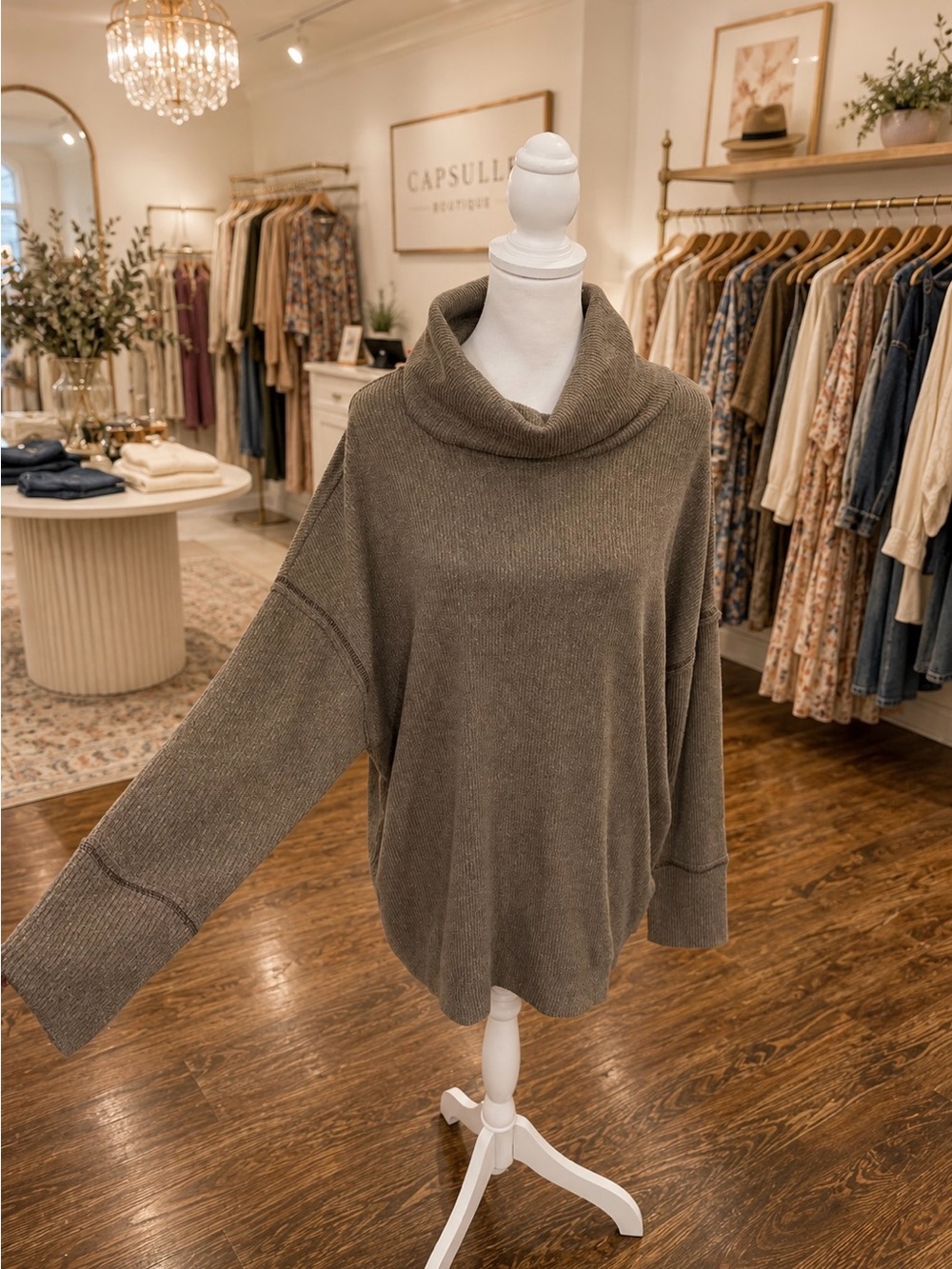 White Birch Brown Ribbed Cowl Neck Tunic Sweater w/ Pockets NWT